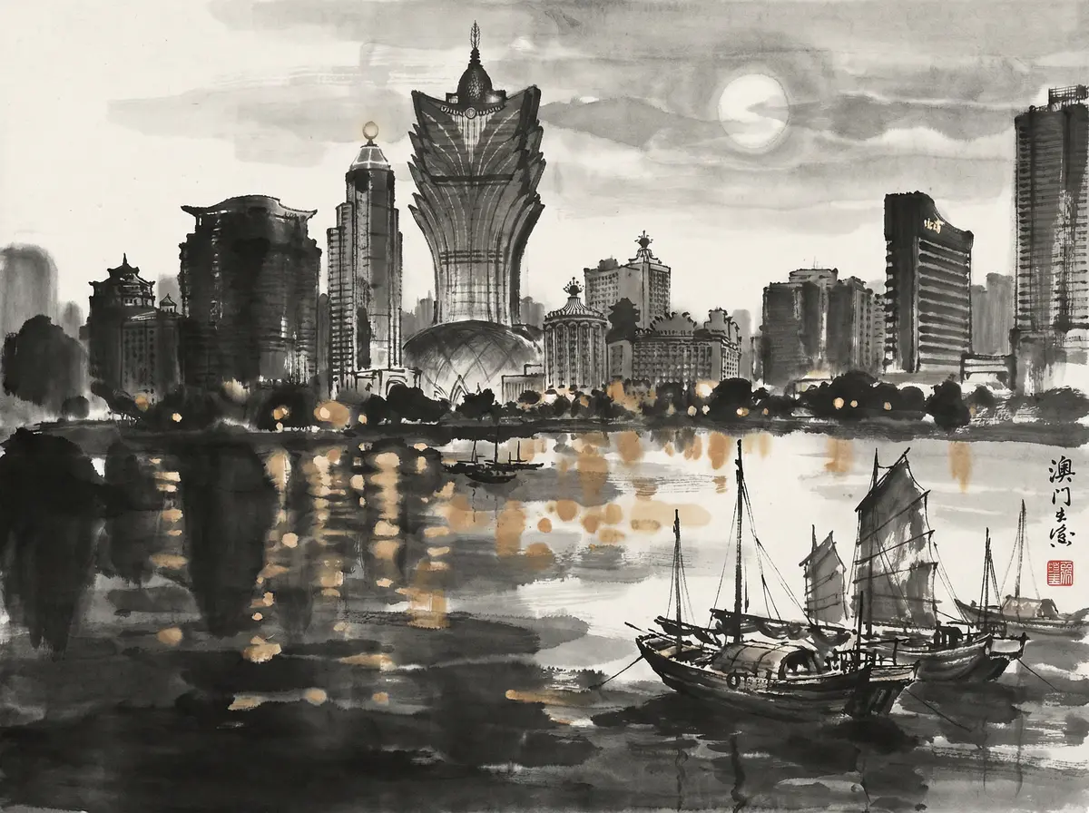 澳门新葡京永利皇宫夜景水墨画展示音乐喷泉与城市天际线